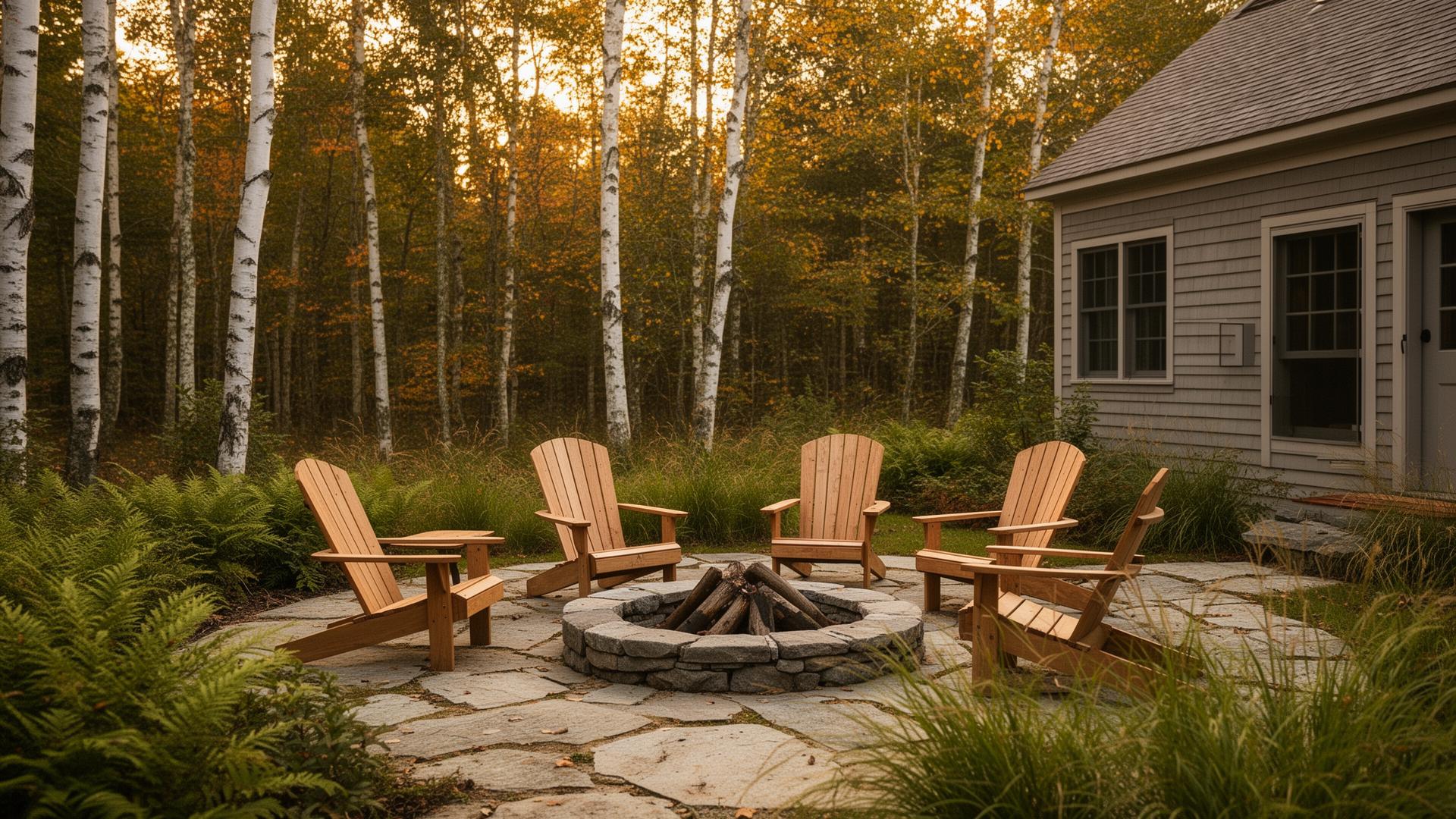 Stone patio with wooden chairs and a stone fire ring at the edge of a New Hampshire woodland